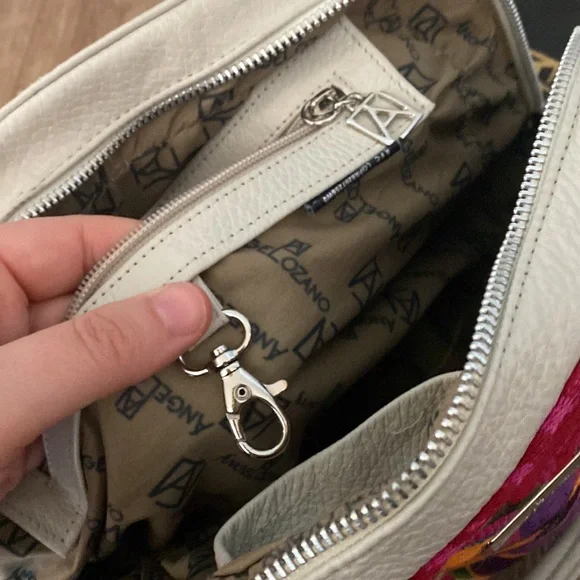 AngeLozano cream pebble leather colorful floral embroidered satchel bag. Boho - Picture 9 of 13